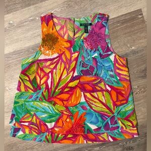 Lauren Ralph Lauren Blouse Top Womens L Multicolor Floral Sleeveless Tiered Edge